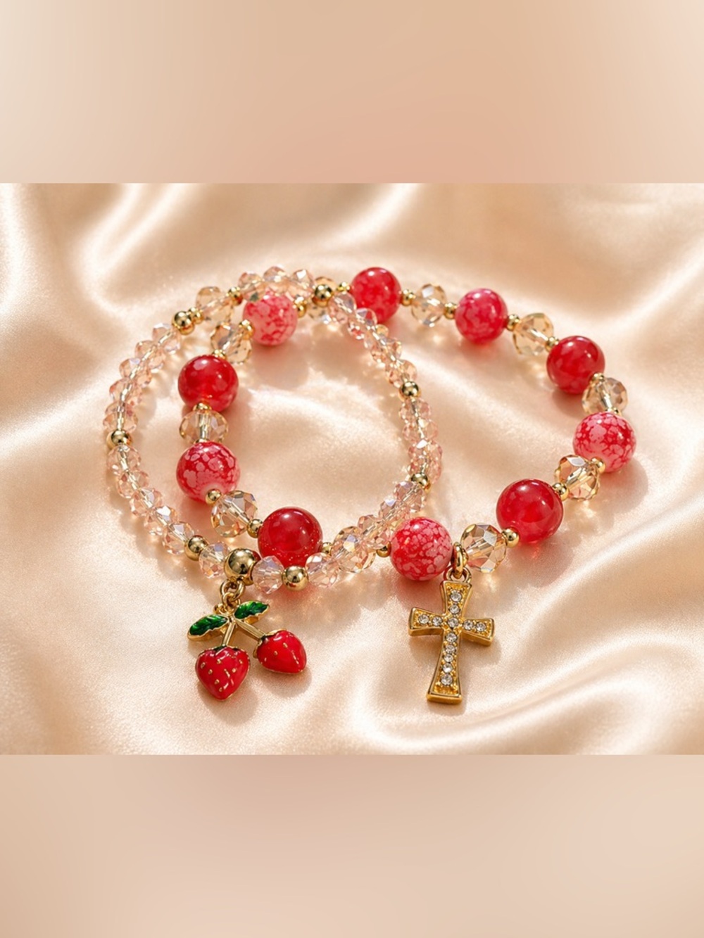 NWOT Strawberry Charm Beaded Bracelet Set โข Pink Crystal + Gold Cross โข Romantic